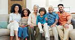 Happy, relax and portrait of big family on sofa in home for bonding, connection or quality time. Love, smile and children with parents and grandparents in living room for weekend together in house.
