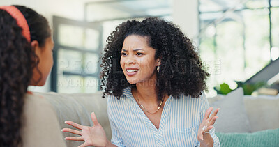 Buy stock photo Angry, mother and scold child at house for explaining rules, discipline and disobedience behaviour. Frustrated, woman and lecture girl on bad attitude, teaching consequences and warning of boundaries