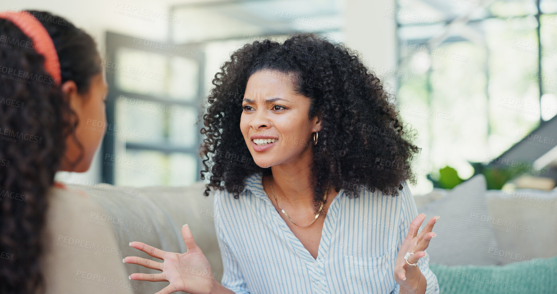 Buy stock photo Angry, mother and scold child at house for explaining rules, discipline and disobedience behaviour. Frustrated, woman and lecture girl on bad attitude, teaching consequences and warning of boundaries