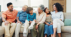 Happy, relax and big family on sofa in home for bonding, connection or quality time. Love, smile and children with parents and grandparents in living room for school holiday or weekend together.