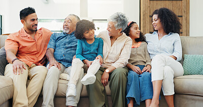 Buy stock photo Happy, relax and big family on sofa in home for bonding, connection or quality time. Love, smile and children with parents and grandparents in living room for school holiday or weekend together.