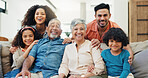 Smile, relax and portrait of big family on sofa in home for bonding, connection or quality time. Love, happy and children with parents and grandparents in living room for weekend together in house.
