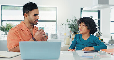 Buy stock photo Home, father and child with cards for education, learning and cognitive development with support. Laptop, dad and boy with assistance for studying, online class project and knowledge in family house