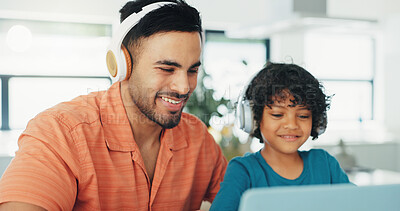 Buy stock photo Headphones, laptop and father with child for elearning, education or online class in home. Audio tech, computer and dad helping boy kid with virtual school for studying, test or assignment in house.