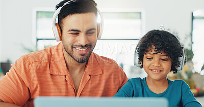 Buy stock photo Headphones, laptop and dad with child for elearning, education or online class in home. Audio tech, computer and father helping boy kid with virtual school for studying, test or assignment in house.
