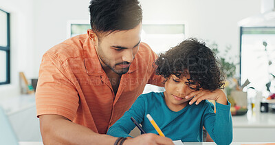 Buy stock photo Writing, help and father with child in house for homework, studying or assignment for school. Education, growth and dad with boy kid for family support with test or exam in apartment together.