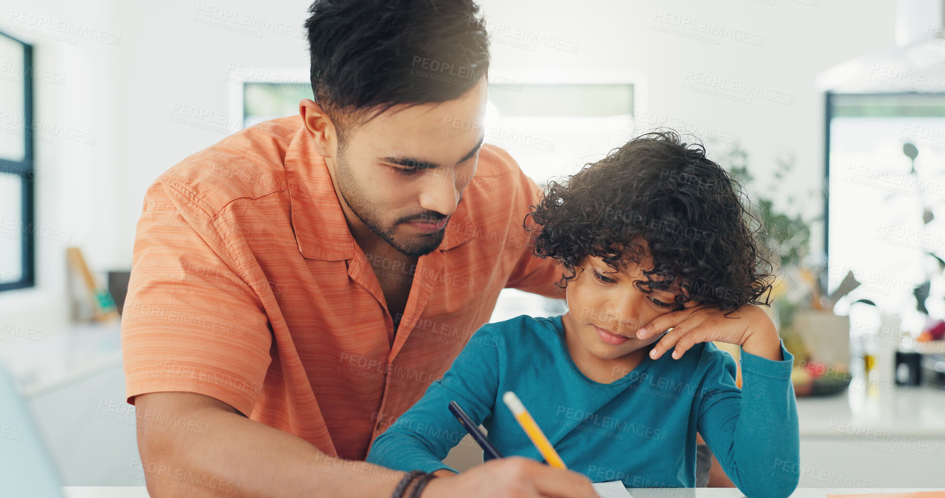 Buy stock photo Writing, help and father with child in house for homework, studying or assignment for school. Education, growth and dad with boy kid for family support with test or exam in apartment together.