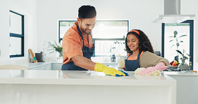 Buy stock photo Father, girl and cleaning table kitchen for housekeeping, counter disinfection and learning responsibility. Family, chores and people with gloves for bacteria removal, bonding or helping hand in home