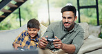Man, child and play games with controller for streaming video, racing match and sports challenge. Father, son and console with online competition, fun entertainment and activity subscription at house