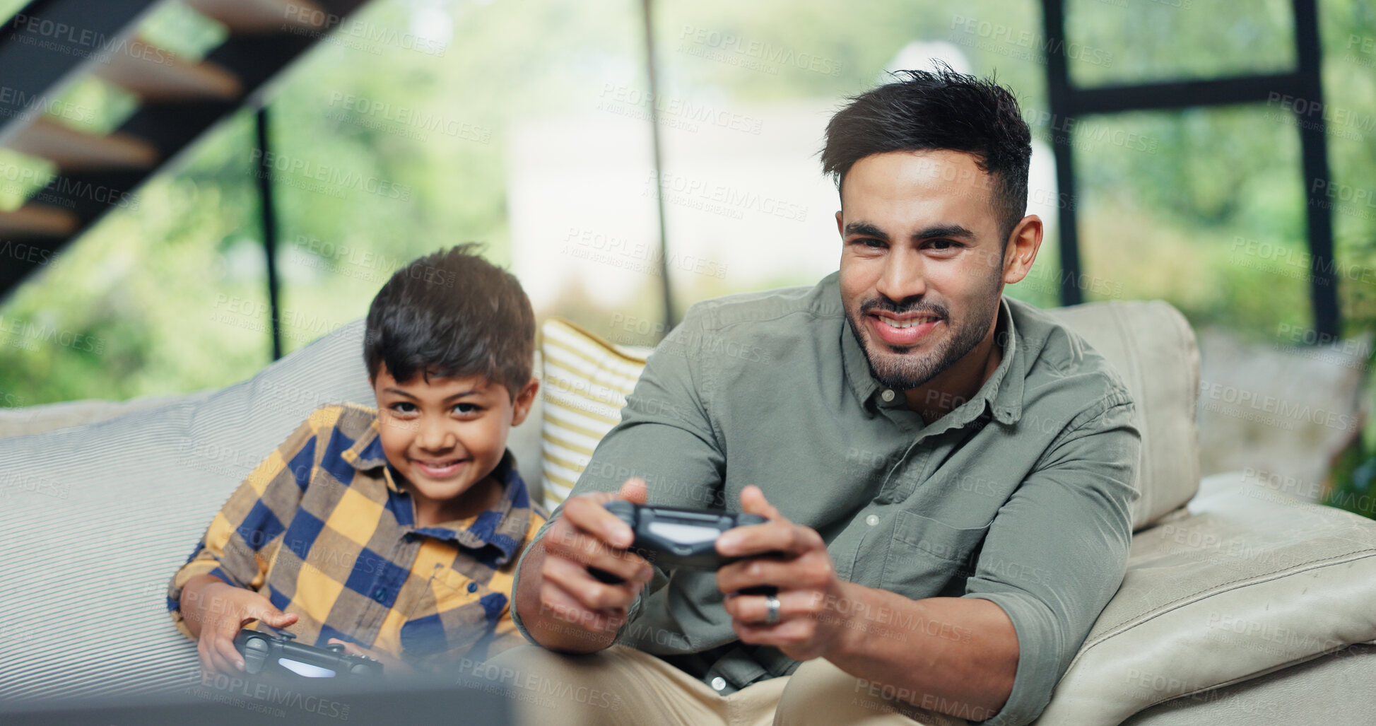 Buy stock photo Man, child and play games with controller for streaming video, racing match and sports challenge. Father, son and console with online competition, fun entertainment and activity subscription at house
