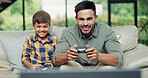 Boy, father and happy on sofa with video game, controller and contest with bonding, love and care in home. People, dad and child with console for challenge, competition and excited in family house