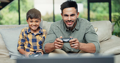 Buy stock photo Boy, father and happy on sofa with video game, controller and contest with bonding, love and care in home. People, dad and child with console for challenge, competition and excited in family house