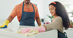 Father, girl and cleaning home with gloves for hygiene, table disinfection or learning housework responsibility. Family, chores or people with spray for germ bacteria removal, bonding or helping hand