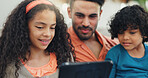 Sofa, father and children with tablet for games, streaming online and bonding together on weekend. Family home, boy and dad with girl for digital video, cartoon website and happy on couch in lounge