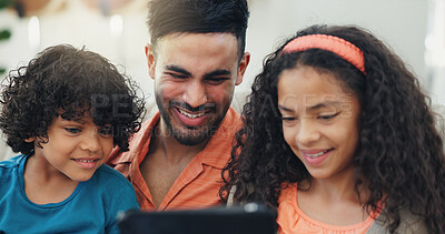 Buy stock photo Sofa, father and children with tablet for laugh, streaming online and bonding together on weekend. Family home, boy and dad with girl for digital games, cartoon website and happy on couch in lounge