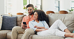 Love, phone and relax with couple on sofa in living room of home together for communication. App, break or social media with man and woman in apartment for bonding, browsing or online shopping