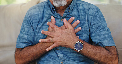 Buy stock photo Senior man, hands and chest pain with heart attack on sofa for hypertension, artery pressure or medical emergency. Cardiovascular, elderly person or discomfort with breathing or health crisis in home