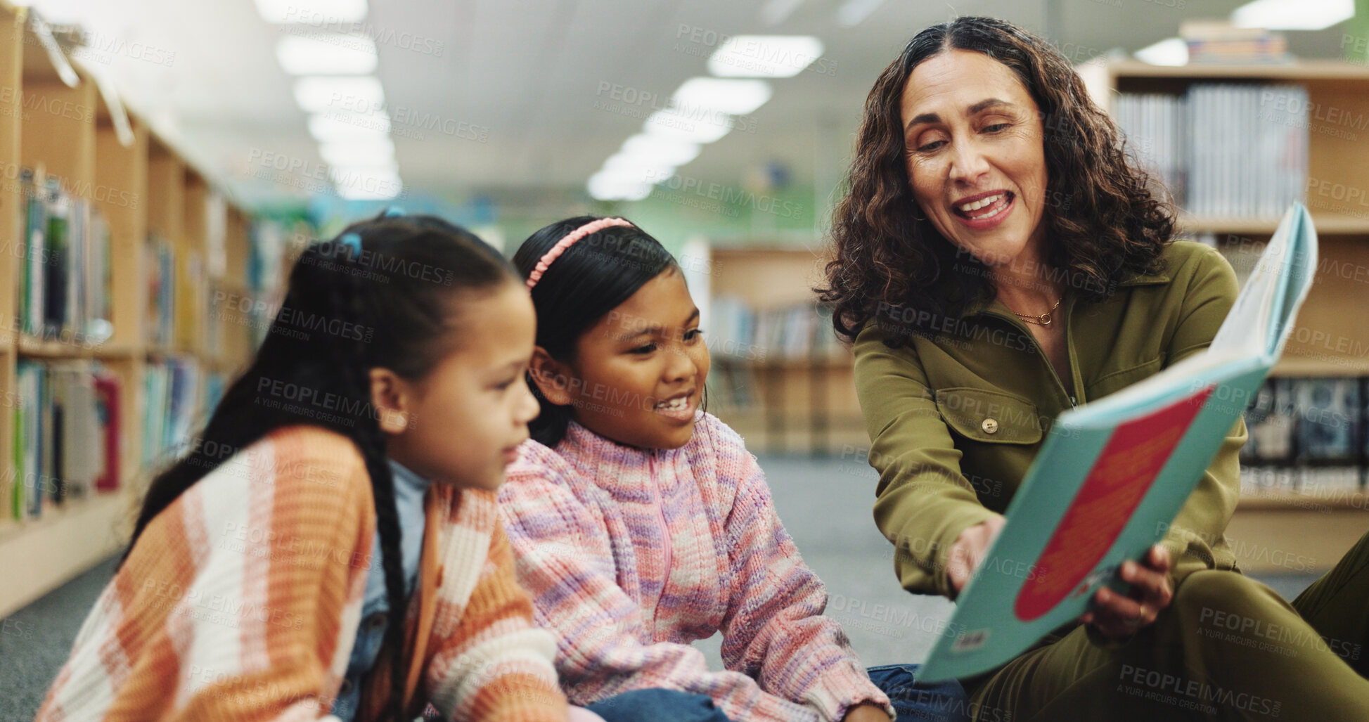 Buy stock photo School kids, teacher and education with book at library for development, learning or study with guide. Children, reading and storytelling with woman for help, excited or teaching language at academy