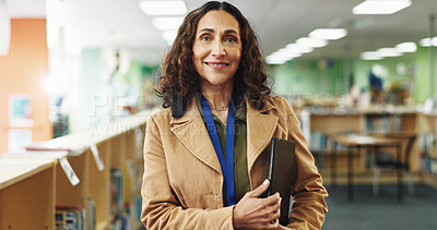 Buy stock photo Portrait, teacher and woman with smile, education and confident for curriculum in elementary and school. Happy, educator and mature person with joy for career growth, knowledge and academy in USA