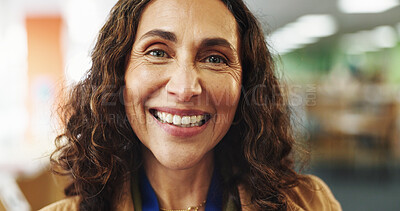 Buy stock photo Portrait, teacher and woman with smile, school and confident for curriculum in elementary and education. Happy, educator and mature person with joy for career growth, knowledge and academy in USA