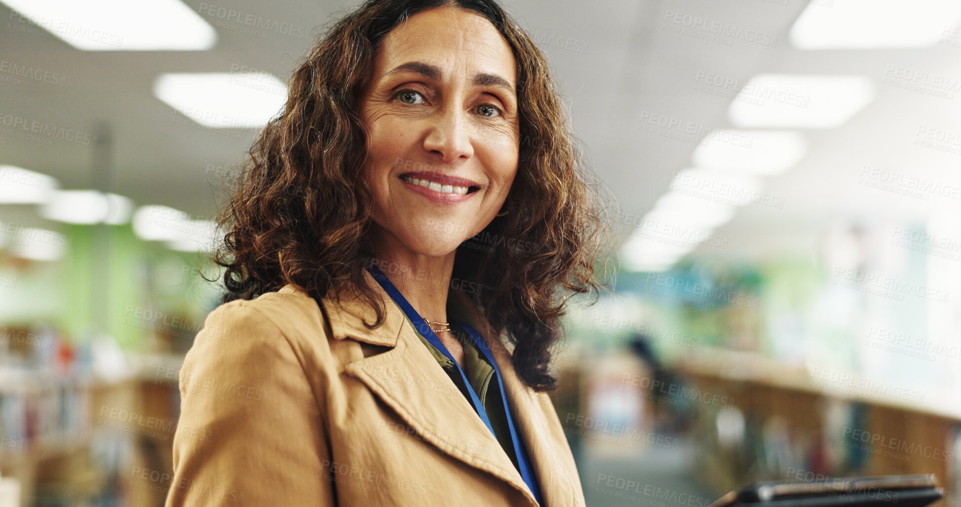 Buy stock photo Portrait, teacher and woman with tablet, school and confident for curriculum in elementary and education. Happy, educator and mature person with joy for career growth, knowledge and academy in USA