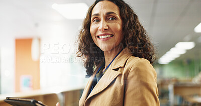 Buy stock photo Portrait, teacher and woman with tablet, smile and confident for education in college and classroom. University, professor and mature person with tech for curriculum, digital and employee in Canada