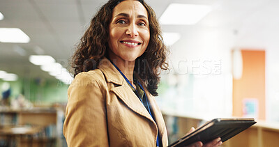 Buy stock photo Happy, teacher and woman with tablet, education and confident for knowledge in college and classroom. University, professor and mature person with tech for curriculum, portrait and employee in Canada