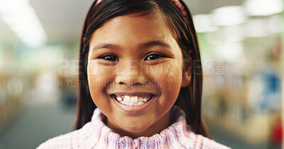 Buy stock photo Happy, education and portrait of child in school for learning, scholarship or knowledge. Excited, student and face of girl kid from Indonesia at academy for development, growth or studying at campus.