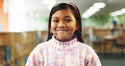 Buy stock photo Happy, education and portrait of child in library for learning, studying or development with literature. Smile, face and student from Colombia with back to school, scholarship or growth at campus