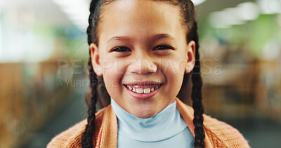 Buy stock photo Smile, education and portrait of kid in library for learning, studying or development with literature. Happy, face and student from Brazil with back to school, scholarship or growth at campus.