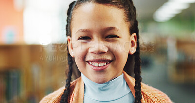 Buy stock photo Excited, education and portrait of kid in library for learning, studying or development with literature. Smile, face and girl student from Brazil with back to school, scholarship or growth at campus.