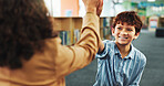 High five, teacher and boy in library, support and celebration for finished assignment. Student, woman and hand gesture with education, learning and knowledge with child development, growth and smile