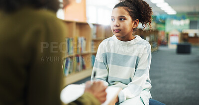 Buy stock photo Children, counseling or writing with girl and therapist in school library for assessment or review. Education, occupational or thinking therapy and student child in session with counselor for support