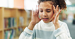 Stress, headache and kid with pain, sick or brain fog for burnout or discomfort at library. School, girl child or student with migraine, learning challenge or mental health crisis for bullying victim