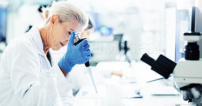 Buy stock photo Dropper, medical and science with woman in laboratory for development, innovation or research. Healthcare, pharmaceuticals and pipette with mature scientist at work on clinical trial for breakthrough
