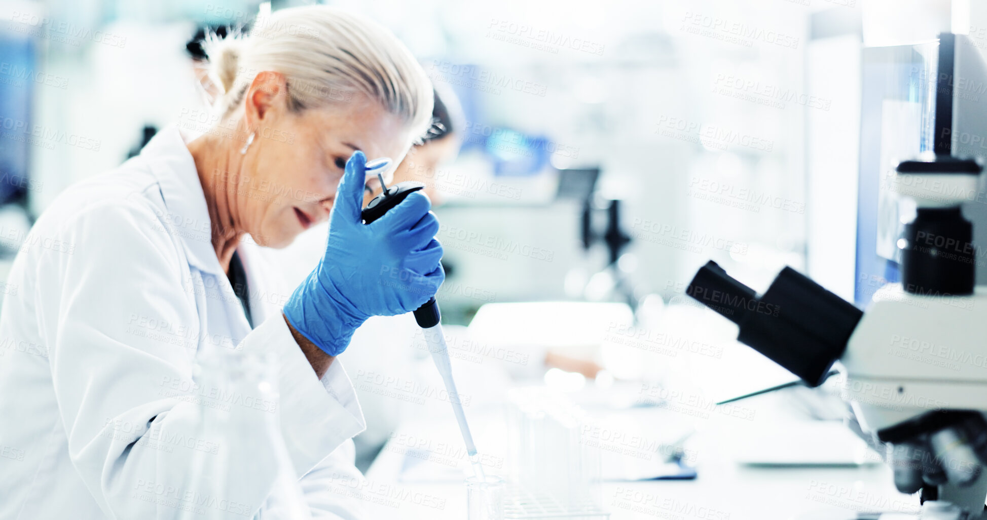 Buy stock photo Dropper, medical and science with woman in laboratory for development, innovation or research. Healthcare, pharmaceuticals and pipette with mature scientist at work on clinical trial for breakthrough