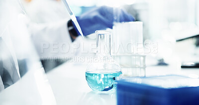 Buy stock photo Person, scientist or beaker with chemical for science research, discovery or exam at laboratory. Closeup, medical testing or glass with liquid compound for new medicine, cure or clinical trial at lab