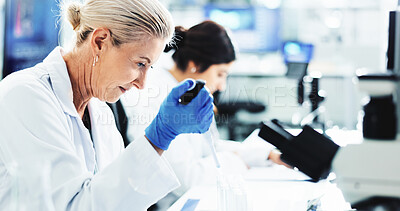 Buy stock photo Woman, scientist and tests with vial for clinical trial, medical discovery or exam at laboratory. Female person, doctor or forensic research with pipette for DNA, science or health sample at lab
