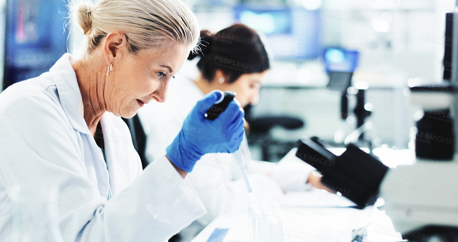 Buy stock photo Woman, scientist and tests with vial for clinical trial, medical discovery or exam at laboratory. Female person, doctor or forensic research with pipette for DNA, science or health sample at lab