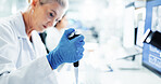 Medical, pipette and science with woman in laboratory for development, innovation or research. Dropper, healthcare and pharmaceuticals with mature scientist at work on clinical trial for breakthrough