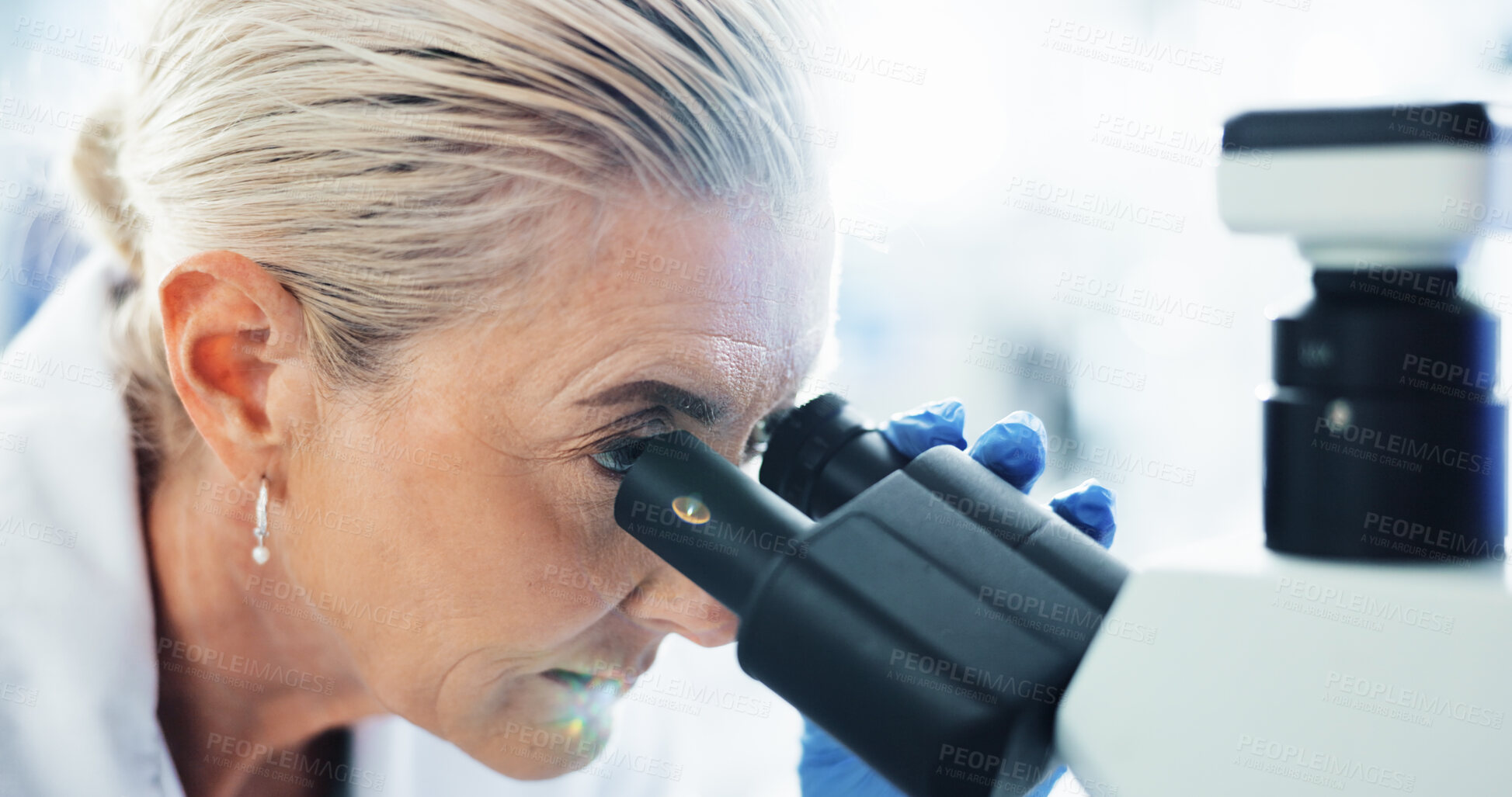 Buy stock photo DNA, mature woman and scientist with microscope in laboratory for research with medical innovation. Biotechnology, professional and female biologist with RNA for pharmaceutical study or discovery.