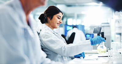 Buy stock photo Thinking, scientist and woman with chemical, lab and smile for healthcare with experiment and analysis. Clinic, medical professional and person with liquid for treatment, pharmaceutical and research