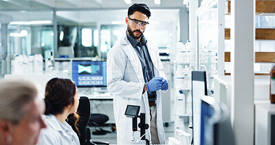 Buy stock photo Man, scientist and medical team with board at laboratory for health analysis or brainstorming. Male person, doctor or group with plan for healthcare strategy, new discovery or drug trial at lab