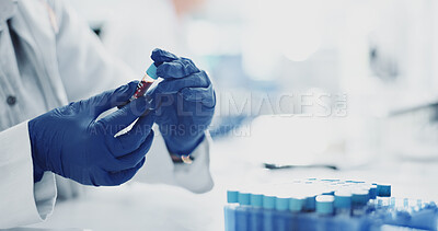 Buy stock photo Person, hands and gloves with blood sample for DNA test, exam or medical discovery at laboratory. Closeup, scientist or research with vital fluid for clinic results, analysis or immunity cure at lab