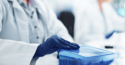 Buy stock photo Hands, scientist and gloves with sample box for blood vial, dna test and medical discovery of vaccine. Closeup, person and research with gene particles for investigation, healthcare solution and lab