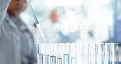 Buy stock photo Person, scientist and tubes with samples for medical research, clinic trial or chemical testing at lab. Closeup, doctor or science with chemistry for new medicine, discovery or results at laboratory