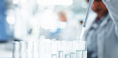 Buy stock photo Person, scientist and tubes with pipette for medical research, clinic trial or chemical testing at lab. Closeup, science or chemistry with samples for new medicine, discovery or results at laboratory