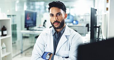 Buy stock photo Science, arms crossed and portrait with man in laboratory for forensic analysis, dna research or medical evidence. Investigation, innovation and healthcare with person in clinic for screening test