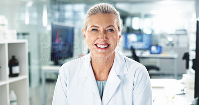 Buy stock photo Science, expert and portrait with woman in laboratory for forensic analysis, dna research or medical evidence. Investigation, smile and healthcare with mature person in clinic for tox screen test