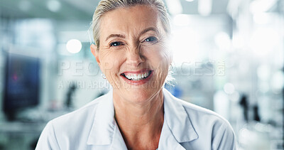 Buy stock photo Science, smile and portrait with woman in laboratory for forensic analysis, dna research or medical technician. Investigation, scientist and healthcare with mature person in clinic for doctor career